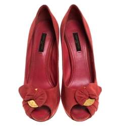Pre Owned Louis Vuitton Red Suede Catania Peep Toe Platform Pumps Size 38