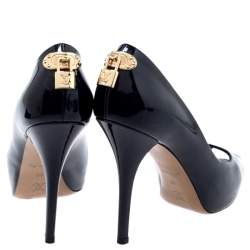 مملوكة مسبقًا حذاء كعب عالي لوي فيتون او ريالي مقدمة مفتوحة نعل سميك جلد لامع أسود مقاس 40