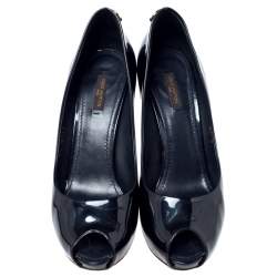 مملوكة مسبقًا حذاء كعب عالي لوي فيتون او ريالي مقدمة مفتوحة نعل سميك جلد لامع أسود مقاس 40