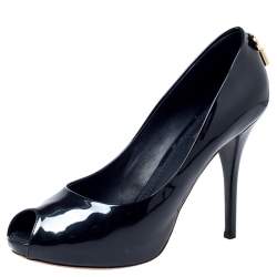 مملوكة مسبقًا حذاء كعب عالي لوي فيتون او ريالي مقدمة مفتوحة نعل سميك جلد لامع أسود مقاس 40