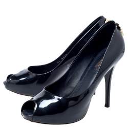 مملوكة مسبقًا حذاء كعب عالي لوي فيتون او ريالي مقدمة مفتوحة نعل سميك جلد لامع أسود مقاس 40