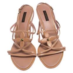 Pre Owned Louis Vuitton Nude Beige Vernis Fleur Strappy Sandals SIze 40.5