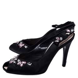 Pre Owned Louis Vuitton Black Satin Crystal Embellished Peep Toe Slingback Sandals Size 36