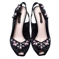 Pre Owned Louis Vuitton Black Satin Crystal Embellished Peep Toe Slingback Sandals Size 36