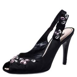 Pre Owned Louis Vuitton Black Satin Crystal Embellished Peep Toe Slingback Sandals Size 36