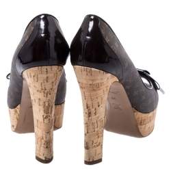 Pre Owned Louis Vuitton Brown Monogram Canvas and Patent Leather Rivoli Cork Peep Toe Pumps Size 39