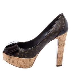 Pre Owned Louis Vuitton Brown Monogram Canvas and Patent Leather Rivoli Cork Peep Toe Pumps Size 39