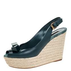 مملوكة مسبقًا صندل لوي فيتون كعب روكي اسبادريل مقدمة مفتوحة نعل سميك فتحة كعب جلد أخضر مقاس 39.5