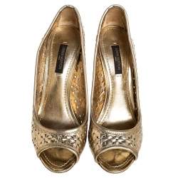 Pre Owned Louis Vuitton Gold Stand By Me Peep Toe Wedge Pumps Size 36