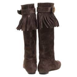 Pre Owned Louis Vuitton Brown Suede Fringe Buckle Detail Knee Length Boots Size 38