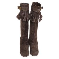 Pre Owned Louis Vuitton Brown Suede Fringe Buckle Detail Knee Length Boots Size 38