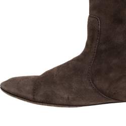 Pre Owned Louis Vuitton Brown Suede Fringe Buckle Detail Knee Length Boots Size 38