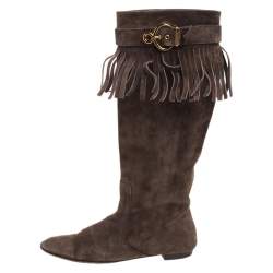 Pre Owned Louis Vuitton Brown Suede Fringe Buckle Detail Knee Length Boots Size 38