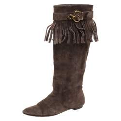 Pre Owned Louis Vuitton Brown Suede Fringe Buckle Detail Knee Length Boots Size 38