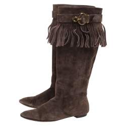 Pre Owned Louis Vuitton Brown Suede Fringe Buckle Detail Knee Length Boots Size 38