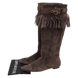Pre Owned Louis Vuitton Brown Suede Fringe Buckle Detail Knee Length Boots Size 38