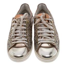 مملوكة مسبقًا Louis Vuitton Metallic Rose Gold Leather And Coarse Glitter Frontrow Low Top Lace Up Sneakers Size 38