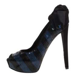 Louis Vuitton Blue/Black Sequin Peep Toe Platform Pumps Size 39
