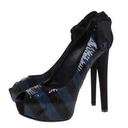 Louis Vuitton Blue/Black Sequin Peep Toe Platform Pumps Size 39