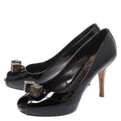 Pre Owned Louis Vuitton Dark Brown Vernis Leather Dice Peep Toe Platform Pumps Size 36