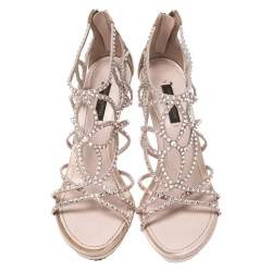 Pre Owned Louis Vuitton Beige Satin And Suede Crystal Embellished Cut Out Sandals Size 36