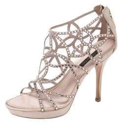 Pre Owned Louis Vuitton Beige Satin And Suede Crystal Embellished Cut Out Sandals Size 36