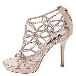 Pre Owned Louis Vuitton Beige Satin And Suede Crystal Embellished Cut Out Sandals Size 36