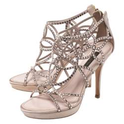 Pre Owned Louis Vuitton Beige Satin And Suede Crystal Embellished Cut Out Sandals Size 36