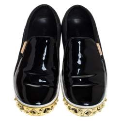 Louis Vuitton Black Patent And Leather Gold Studded Tempo Slip On Sneakers Size 38.5