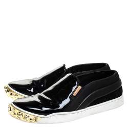 Louis Vuitton Black Patent And Leather Gold Studded Tempo Slip On Sneakers Size 38.5