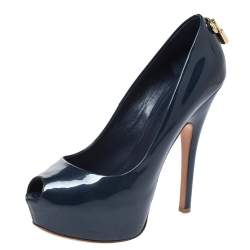 Pre Owned حذاء كعب عالي لوي فيتون "او ريالي !" بمقدمة مفتوحة جلد لامع أزرق كحلي مقاس 37.5