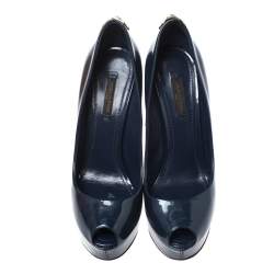 Pre Owned حذاء كعب عالي لوي فيتون "او ريالي !" بمقدمة مفتوحة جلد لامع أزرق كحلي مقاس 37.5