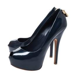 Pre Owned حذاء كعب عالي لوي فيتون "او ريالي !" بمقدمة مفتوحة جلد لامع أزرق كحلي مقاس 37.5