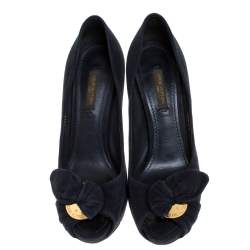 Pre Owned حذاء كعب عالي لوي فيتون "كاتانيا" بمقدمة مفتوحة و بنعل سميك سويدي أزرق كحلي مقاس 36