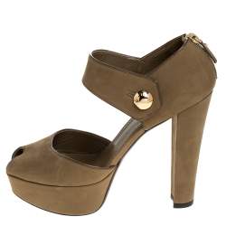 مملوكة مسبقًا صندل لوي فيتون بمقدمة مفتوحة و بنعل سميك جلد نوبوك أخضر زيتوني مقاس 40