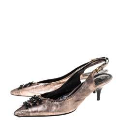 Pre Owned صندل لوي فيتون بمقدمة مدببة و مزين بفيونكة و بفتحة كعب جلد أسود و برونزي ميتاليك مقاس 38