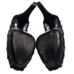 Pre Owned Louis Vuitton Black Monogram Sequins,Mesh and Suede Peep Toe Pumps Size 37.5