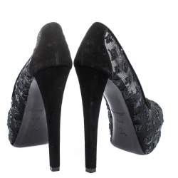Pre Owned Louis Vuitton Black Monogram Sequins,Mesh and Suede Peep Toe Pumps Size 37.5