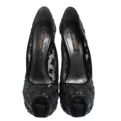 Pre Owned Louis Vuitton Black Monogram Sequins,Mesh and Suede Peep Toe Pumps Size 37.5