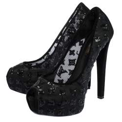 Pre Owned Louis Vuitton Black Monogram Sequins,Mesh and Suede Peep Toe Pumps Size 37.5