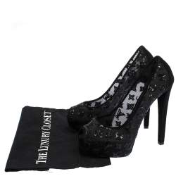 Pre Owned Louis Vuitton Black Monogram Sequins,Mesh and Suede Peep Toe Pumps Size 37.5