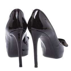 Pre Owned حذاء كعب عالي لوي فيتون بمقدمة مفتوحة و مزين بفيونكة و بنعل سميك كانفاس إينفيني و جلد لامع بني داكن مقاس 35.5