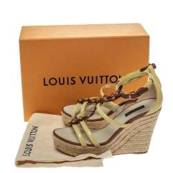 Pre Owned Louis Vuitton Cream/Brown Patent Leather Monogram Flower Espadrille Wedge Sandals Size 37.5