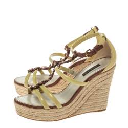 Pre Owned Louis Vuitton Cream/Brown Patent Leather Monogram Flower Espadrille Wedge Sandals Size 37.5