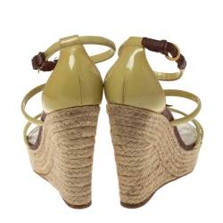 Pre Owned Louis Vuitton Cream/Brown Patent Leather Monogram Flower Espadrille Wedge Sandals Size 37.5