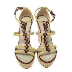 Pre Owned Louis Vuitton Cream/Brown Patent Leather Monogram Flower Espadrille Wedge Sandals Size 37.5
