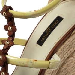 Pre Owned Louis Vuitton Cream/Brown Patent Leather Monogram Flower Espadrille Wedge Sandals Size 37.5