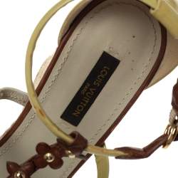 Pre Owned Louis Vuitton Cream/Brown Patent Leather Monogram Flower Espadrille Wedge Sandals Size 37.5