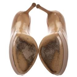 Pre Owned Louis Vuitton Beige Patent Leather LV Logo Peep Toe Platform Pumps Size 37.5