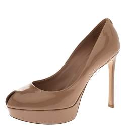 Pre Owned Louis Vuitton Beige Patent Leather LV Logo Peep Toe Platform Pumps Size 37.5